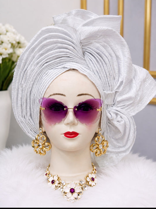 White Silver Asooke Auto-Gele
