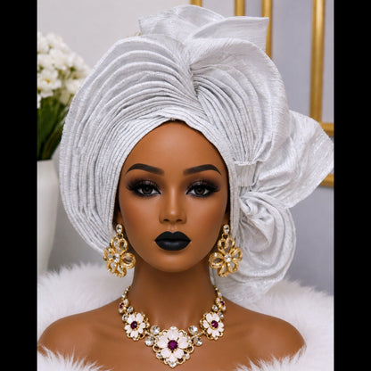 White Silver Asooke Auto-Gele