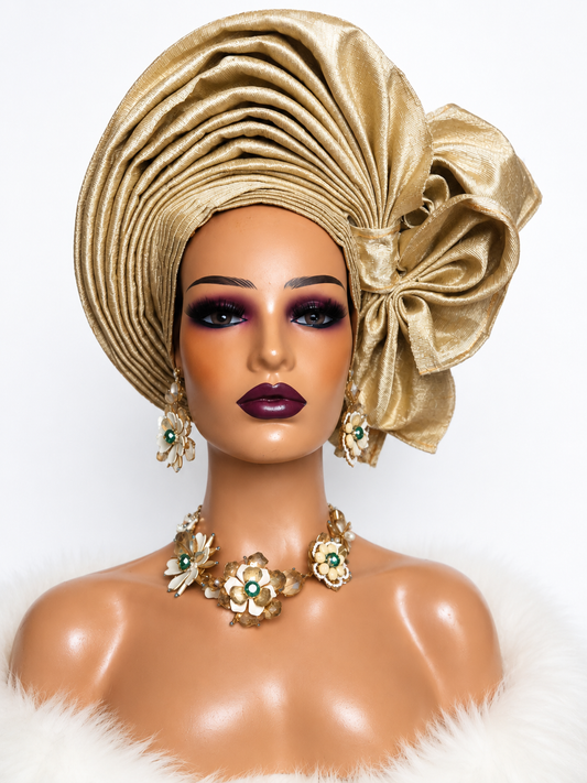 Gold Champagne Spandex Asooke Loom Auto-Gele
