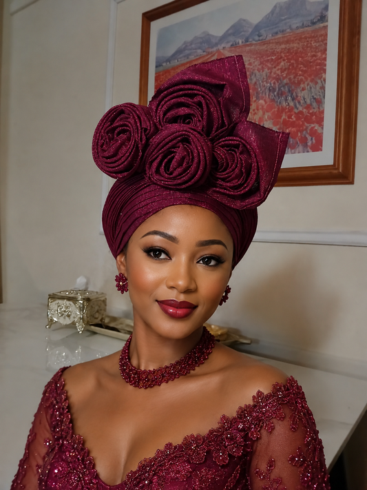 Fuchsia Triple Rose asooke Auto-Gele