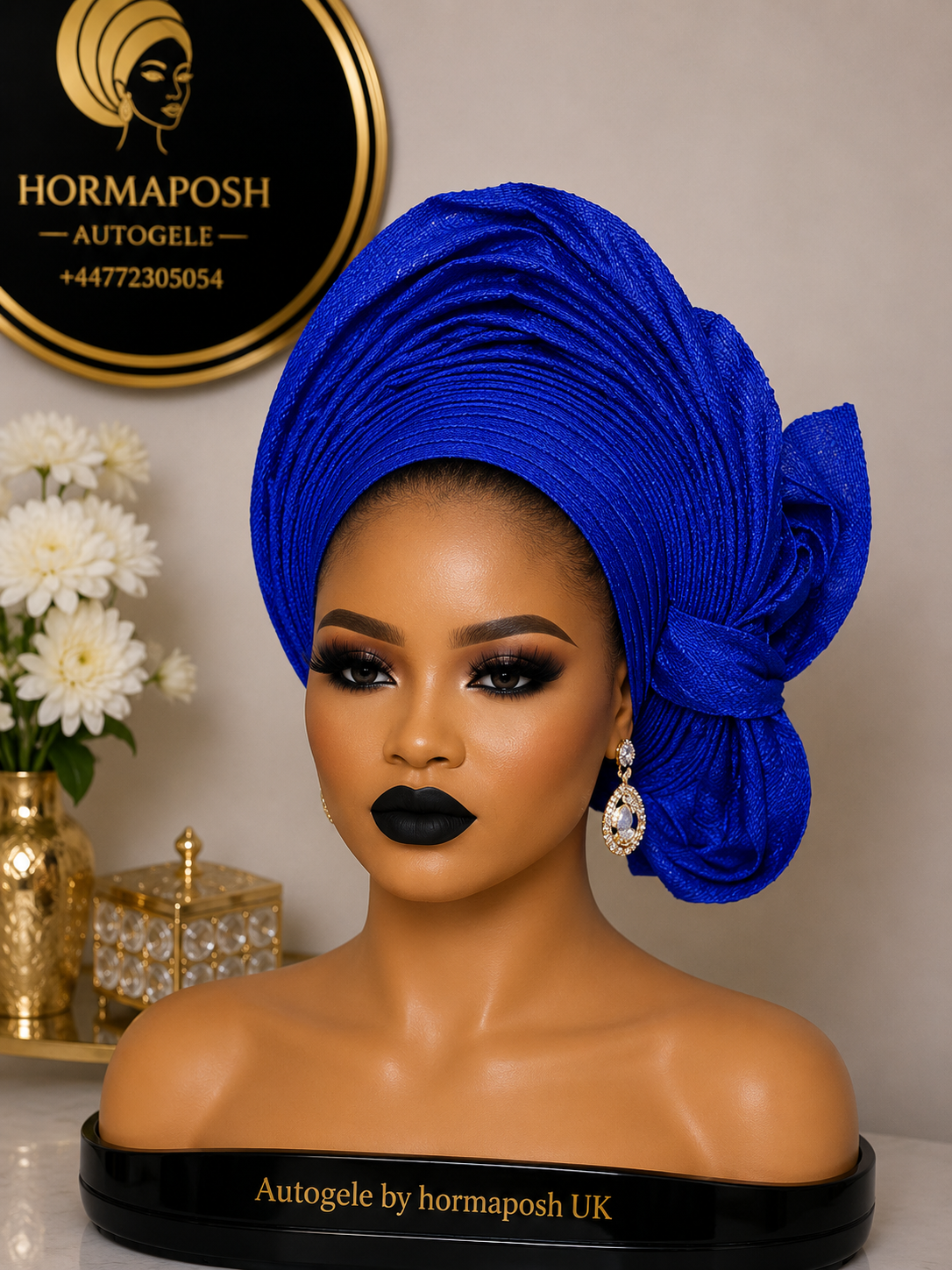 Blue Asooke Side Rose Auto-Gele
