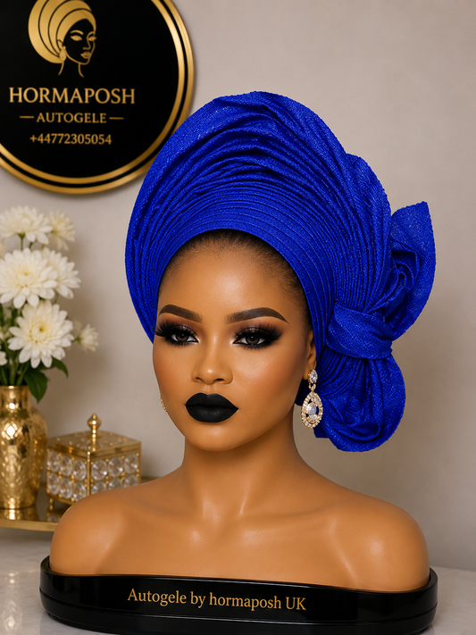 Blue Asooke Side Rose Auto-Gele