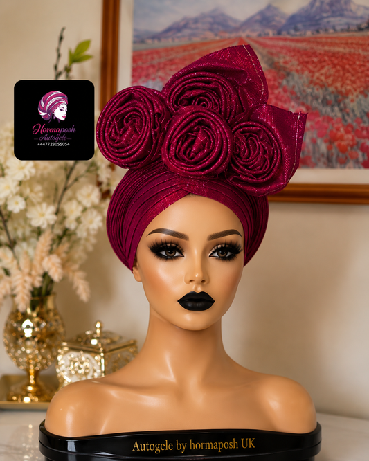 Fuchsia Triple Rose asooke Auto-Gele