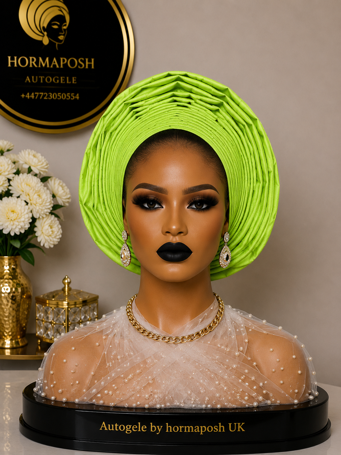 Lemon Green Asooke Round Lace Auto-Gele